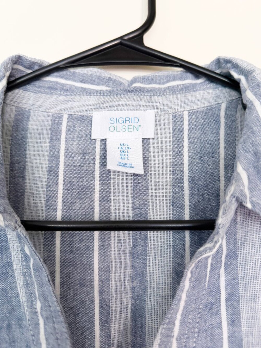Sigrid Olsen Blue White Striped Linen Blend Split Neck Blouse L - Picture 3 of 6
